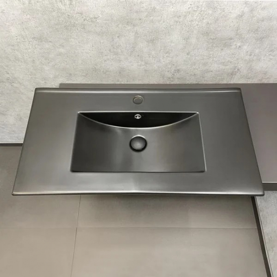 Тумба с раковиной COMFORTY Франкфурт 90 подвесная, дуб шоколадно-коричневый, черная раковина