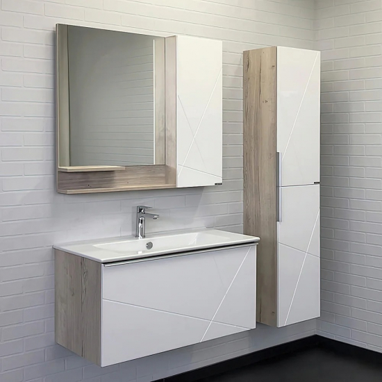 Тумба с раковиной COMFORTY Мерано 90 подвесная, белая, дуб дымчатый