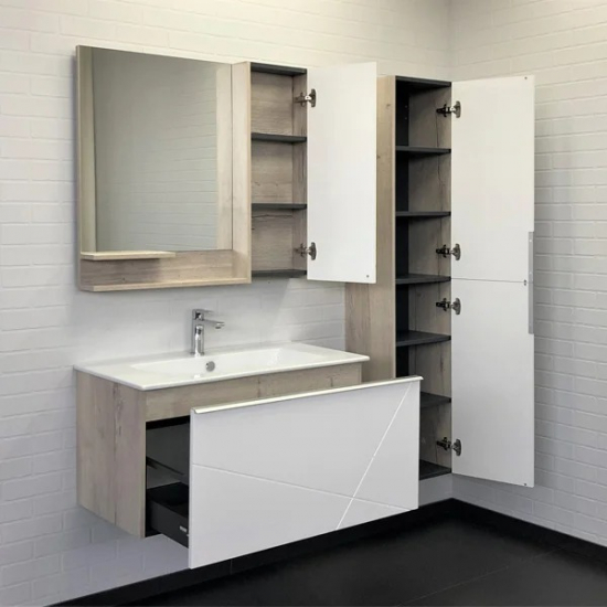 Тумба с раковиной COMFORTY Мерано 90 подвесная, белая, дуб дымчатый