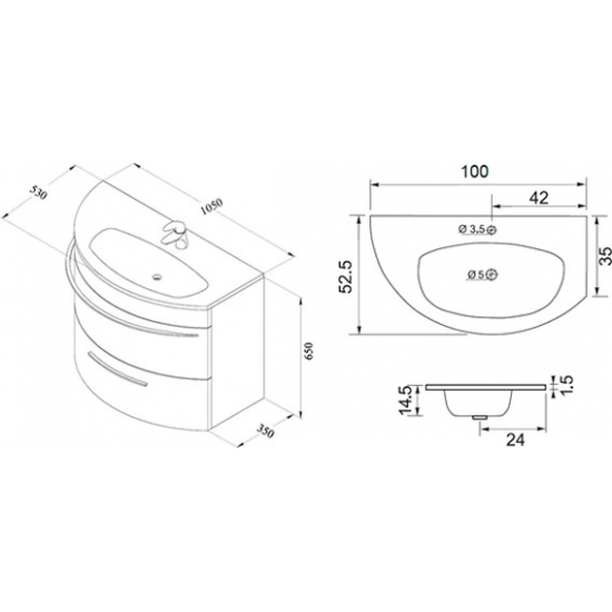 Тумба с раковиной DE AQUA Эскалада 100 R правая, подвесная