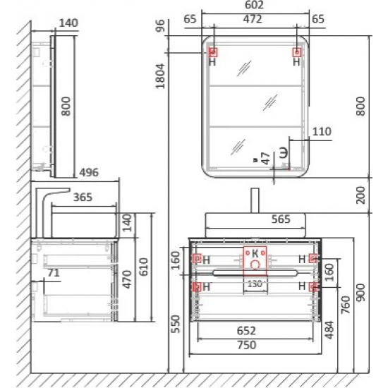 Тумба с раковиной JORNO Bosko 75, подвесная