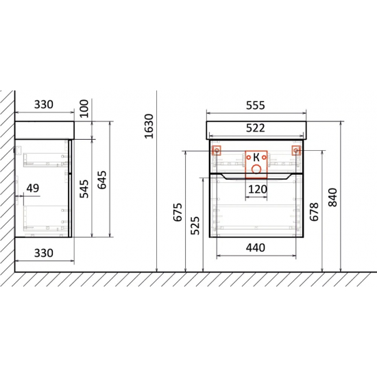 Тумба с раковиной JORNO Folk 55 подвесная, антрацит