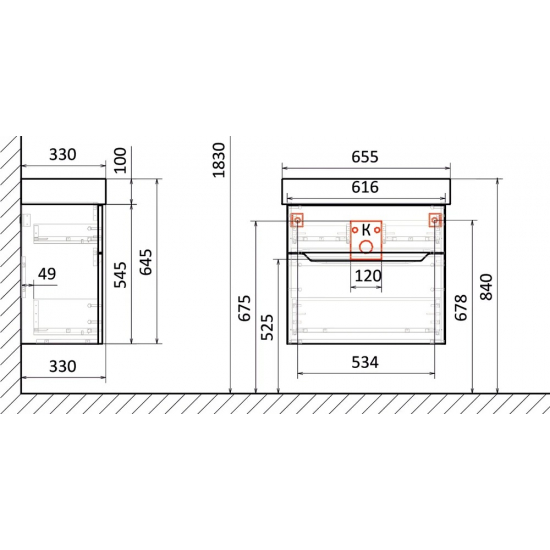 Тумба с раковиной JORNO Folk 65 подвесная, белая + Раковина Raval Slim Synergy 65
