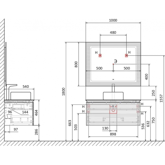 Тумба с раковиной JORNO Karat 100, с подсветкой, светлый бук