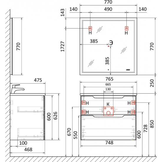 Тумба с раковиной JORNO Slide 75, белая