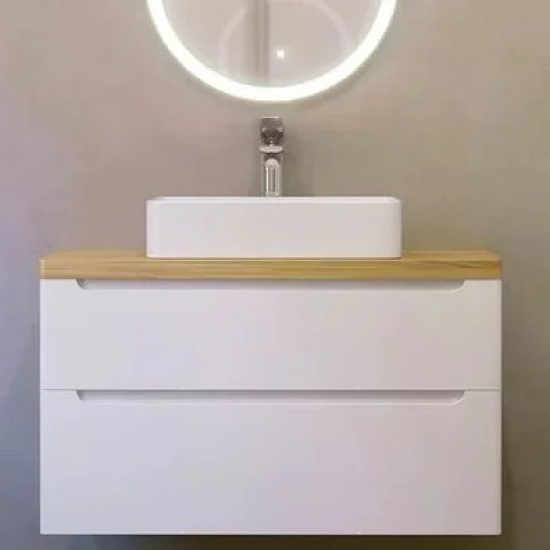 Тумба с раковиной JORNO Wood 100, белая, светлая столешница
