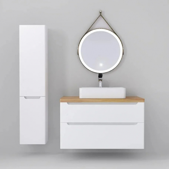Тумба с раковиной JORNO Wood 100, белая, светлая столешница