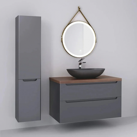 Тумба с раковиной JORNO Wood 100, серая, темная столешница