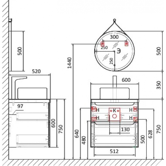 Тумба с раковиной JORNO Wood 60, серая, светлая столешница