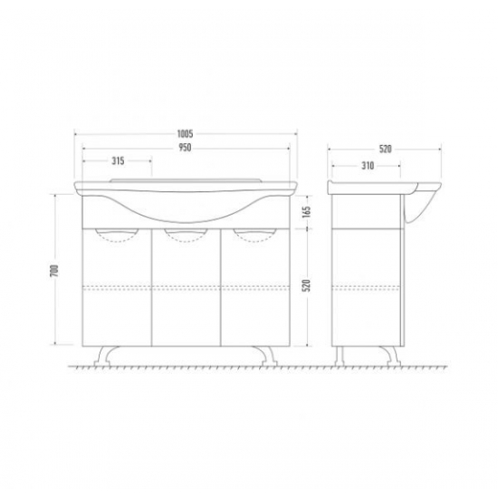 Тумба с раковиной MIRSANT Камилла 100/3 напольная, 3 двери, раковина Эльбрус 100