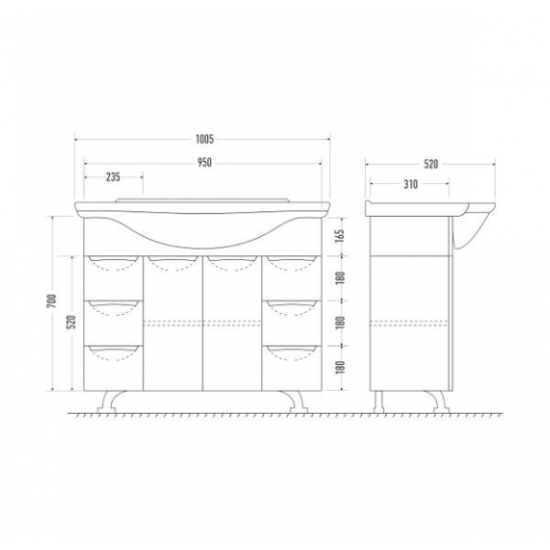 Тумба с раковиной MIRSANT Камилла 100 напольная, 2 двери 6 ящиков, раковина Эльбрус 100