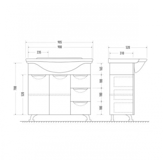 Тумба с раковиной MIRSANT Камилла 90 напольная, 3 ящика, раковина Эльбрус 90
