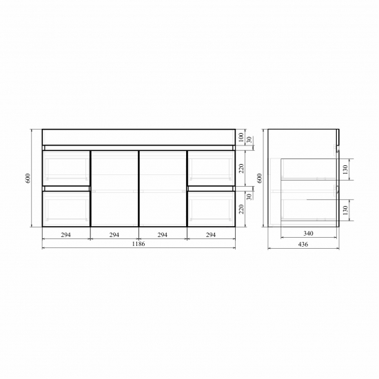 Тумба с раковиной MIRSANT Next 120 подвесная, 2 двери, 4 ящика