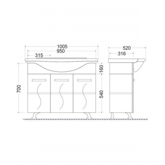 Тумба с раковиной MIRSANT Сандра 100/3 напольная, 3 двери, раковина Эльбрус 100