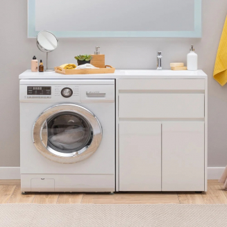 Тумба с раковиной на стиральную машину AQUANET Токио 130 R 1 ящик / 2 двери напольная, белая