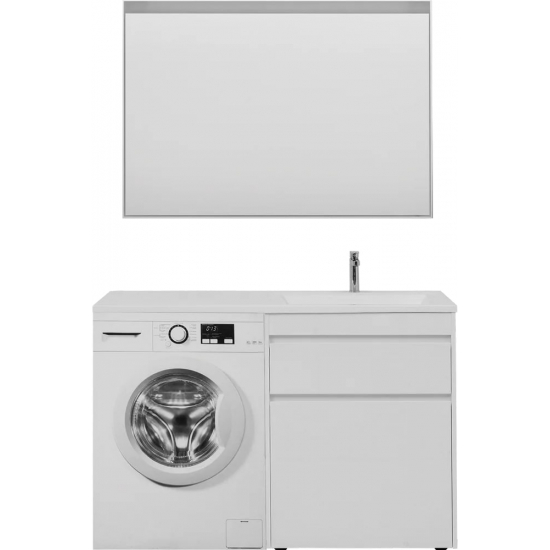 Тумба с раковиной на стиральную машину AQUANET Токио 130 R 1 ящик, с корзиной напольная, белая