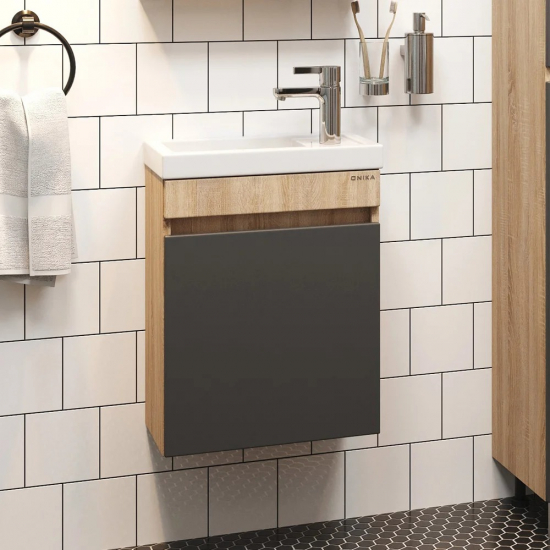 Тумба с раковиной ONIKA Милтон 45 подвесная, серая, дуб сонома