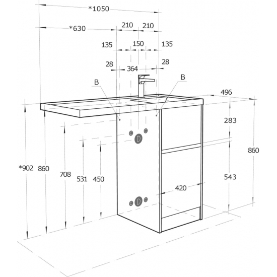 Тумба с раковиной под стиральную машину АКВАТОН Лондри 40 R раковина 105 дуб кантри, белый