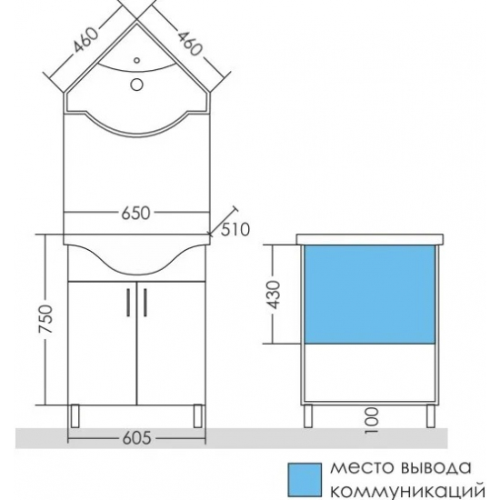 Тумба с раковиной САНТА Аврора 60 угловая