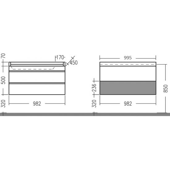 Тумба с раковиной САНТА Марс 100 подвесная, с ящиками
