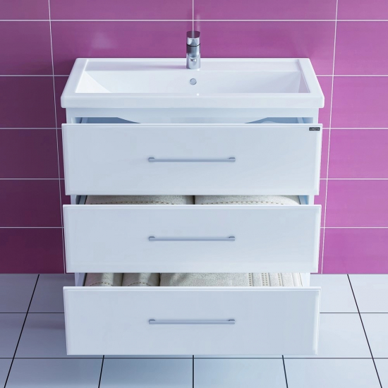 Тумба с раковиной САНТА Омега Люкс Фостер 80 напольная белая 3 ящика