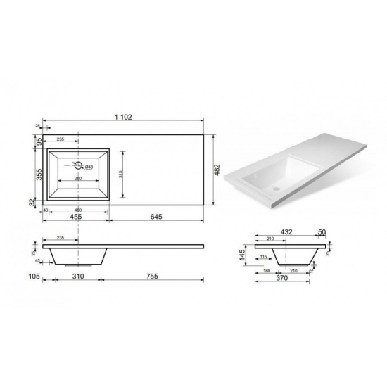 Тумба с раковиной STYLE LINE Даллас 110 Люкс Plus L подвесная, белая, 2 ящика