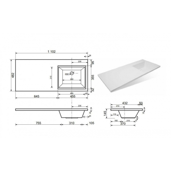 Тумба с раковиной STYLE LINE Даллас 110 Люкс Plus R подвесная, белая, 2 ящика