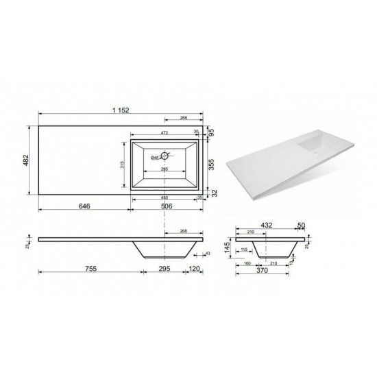 Тумба с раковиной STYLE LINE Даллас 115 Люкс Plus R подвесная, белая, 2 ящика