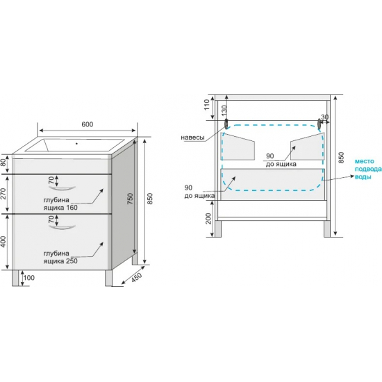 Тумба с раковиной STYLE LINE Каре 60 напольная, Люкс Plus, белая