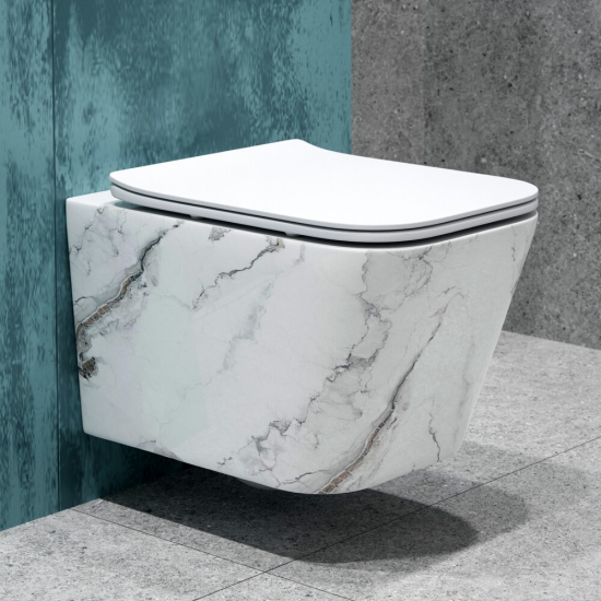 Унитаз подвесной EVA GOLD K633MD сиденье микролифт дюропласт тонкое, безободковый, белый мрамор