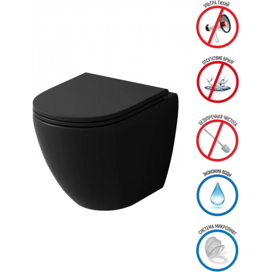 Унитаз подвесной GROSSMAN Торнадо GR-4455BMSQ безободковый, с микролифтом, чёрный матовый