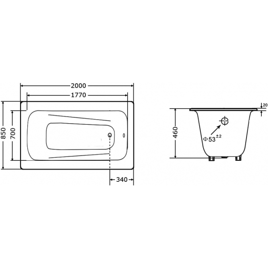 Ванна чугунная GOLDMAN Maxima MX20085 без опоры 200x85 см, с отверстиями для ручек