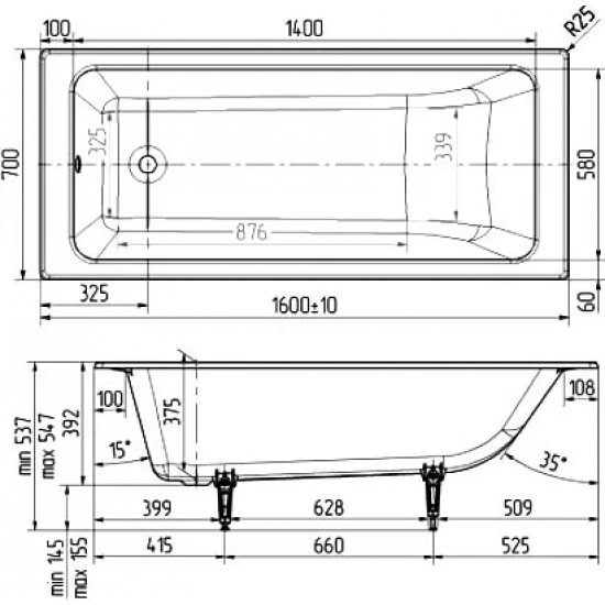 Ванна чугунная WOTTE Line 1 1600x700 без опоры 160x70 см