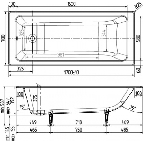 Ванна чугунная WOTTE Line 1 1700x700 без опоры 170x70 см