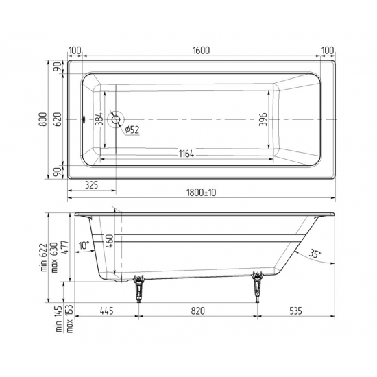 Ванна чугунная WOTTE Line Plus 180х80 см, с ножками