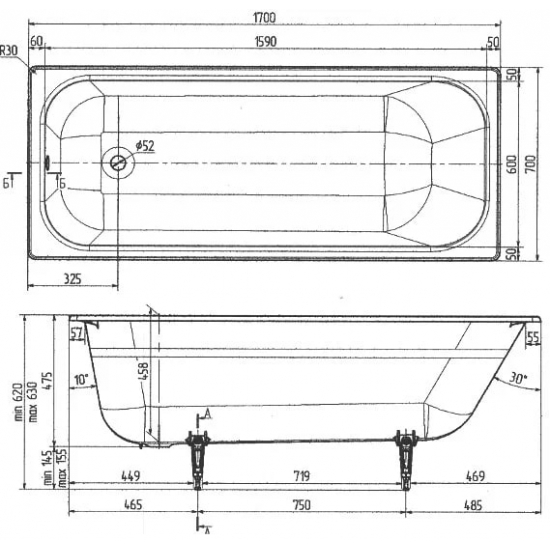 Ванна чугунная WOTTE Start 1 1700x700 без опоры 170x70 см