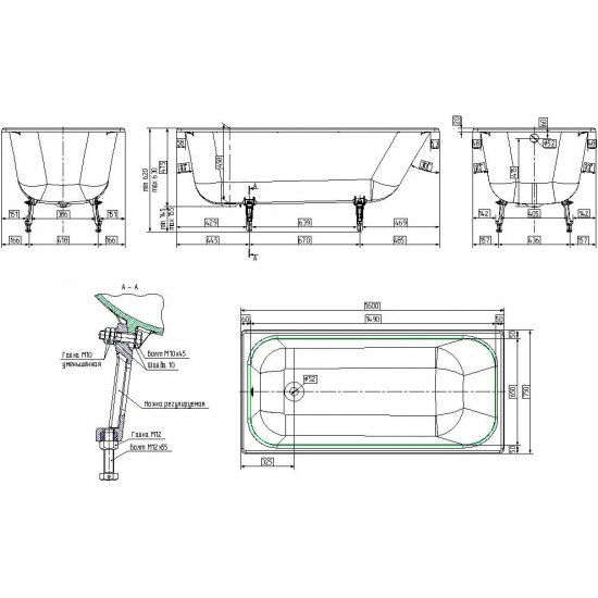 Ванна чугунная WOTTE Start 160х75 см, с ножками