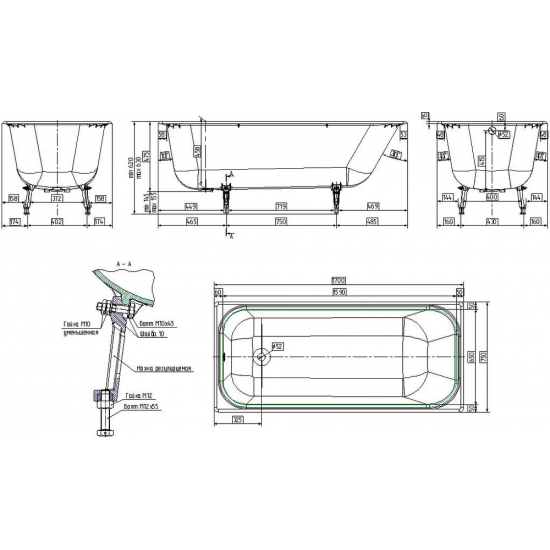Ванна чугунная WOTTE Start УР 170х75 см, с ножками, с ручками