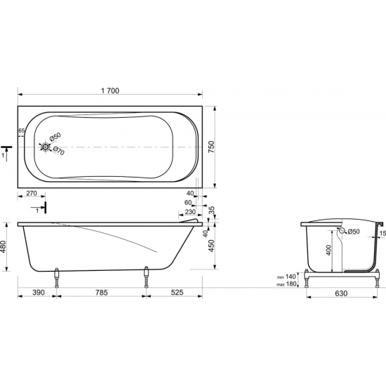 Ванна из литьевого мрамора ЭСТЕТ Альфа 170x75 см, с ножками