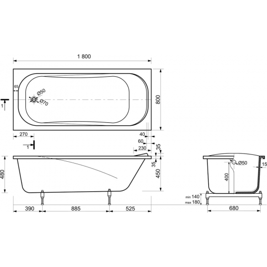Ванна из литьевого мрамора ЭСТЕТ Альфа ФР-00001311 180x80 см, без опоры