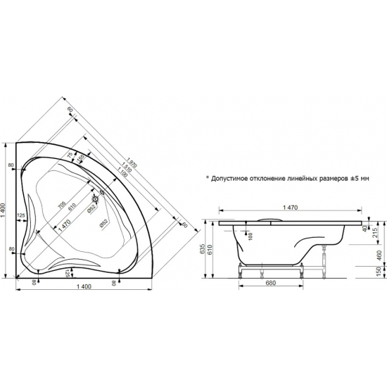 Ванна из литьевого мрамора ЭСТЕТ Аврора 140x140 см, угловая, с ножками, четверть круга