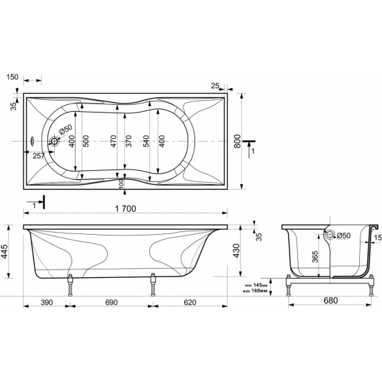 Ванна из литьевого мрамора ЭСТЕТ Бета ФР-00001321 170x80 см, без опоры