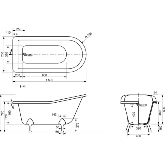 Ванна из литьевого мрамора ЭСТЕТ Царская 150x75 см, отдельностоящая, овальная, с ножками