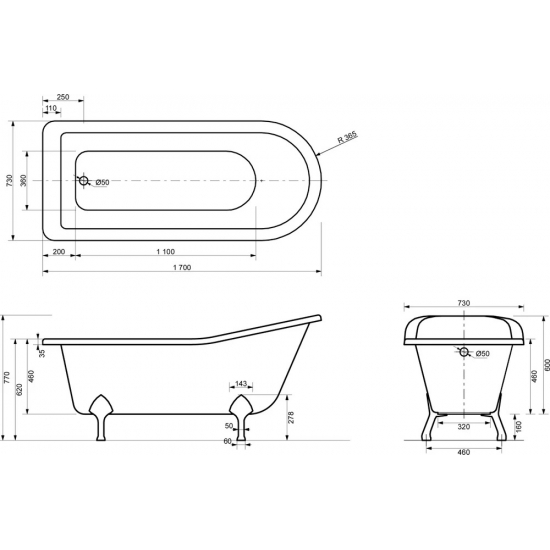 Ванна из литьевого мрамора ЭСТЕТ Царская ФР-00000685 без опоры 170x75 см, отдельностоящая, овальная