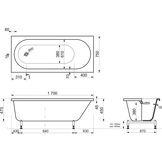 Ванна из литьевого мрамора ЭСТЕТ Честер 170x75 см, с ножками