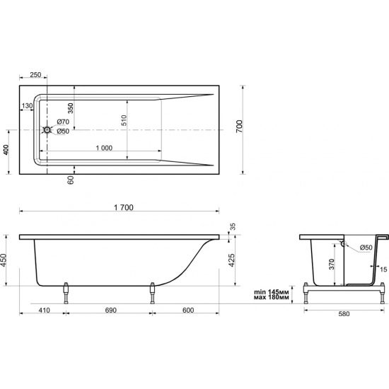 Ванна из литьевого мрамора ЭСТЕТ Дельта 170x70 см, с ножками