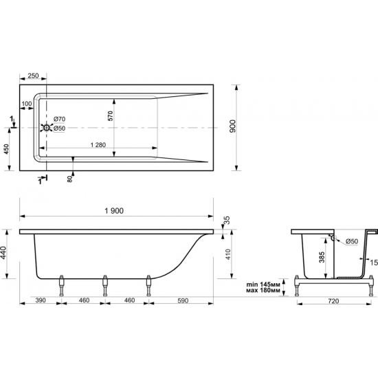 Ванна из литьевого мрамора ЭСТЕТ Дельта 190x90 см, с ножками
