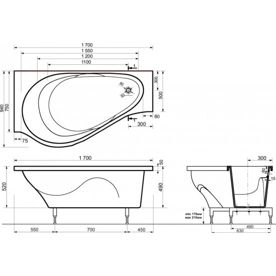 Ванна из литьевого мрамора ЭСТЕТ Грация R ФР-00000633 без опоры 170x95 см, угловая, асимметричная