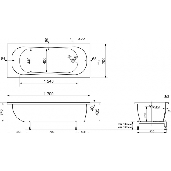 Ванна из литьевого мрамора ЭСТЕТ Лаура ФР-00000678 без опоры 170x70 см