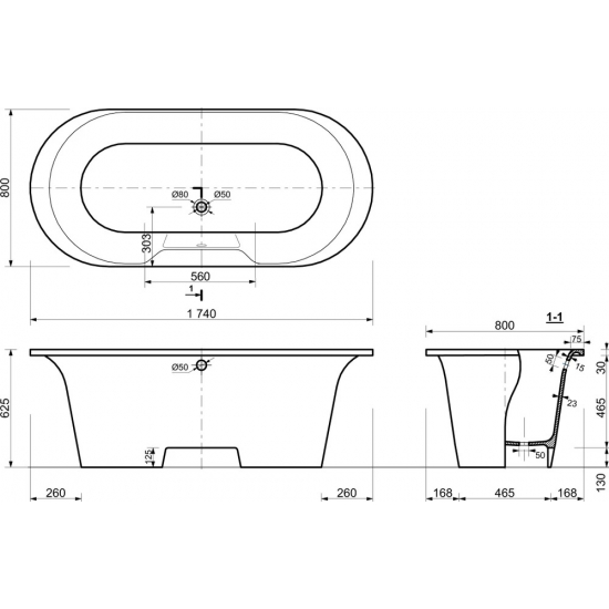 Ванна из литьевого мрамора ЭСТЕТ Лион ФР-00000684 без опоры 175x80 см, отдельностоящая, овальная